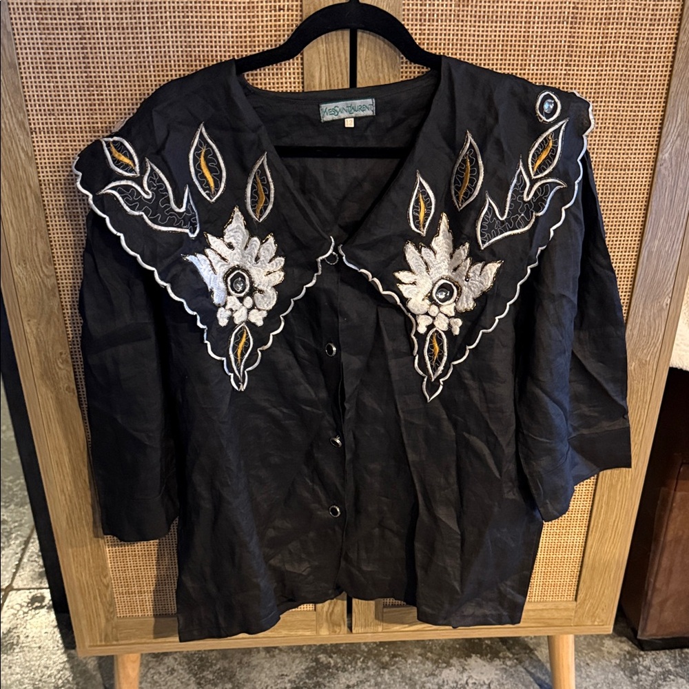 Vintage Yves Saint Laurent Black Embroidered Button-Up Blouse